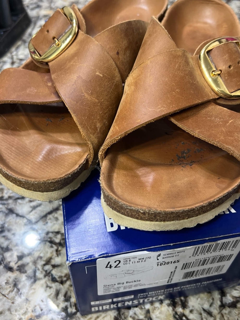 Birkenstock cognac Leather Big Buckle Crossed Strap Sz 42, with box